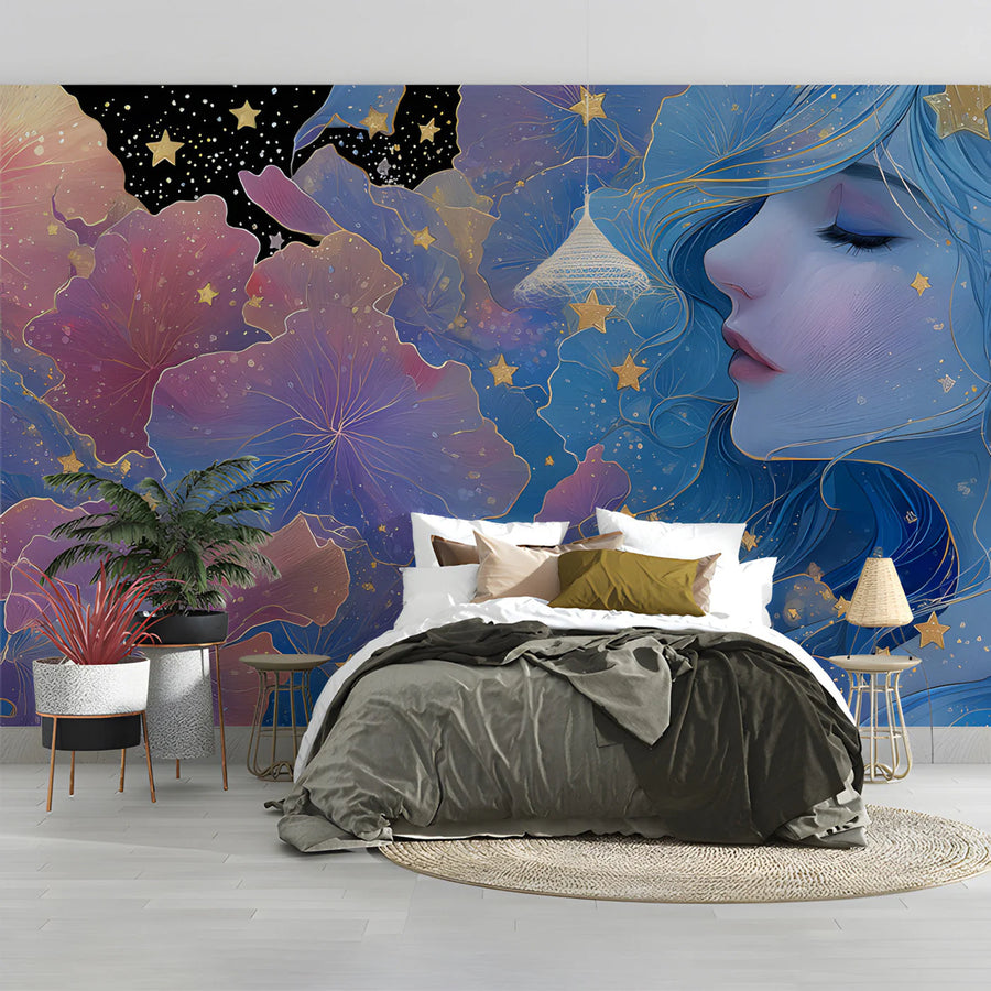 Celestial Dreamer Mural Wallpaper in Ethereal Blue and Gold Mural Wallpaper