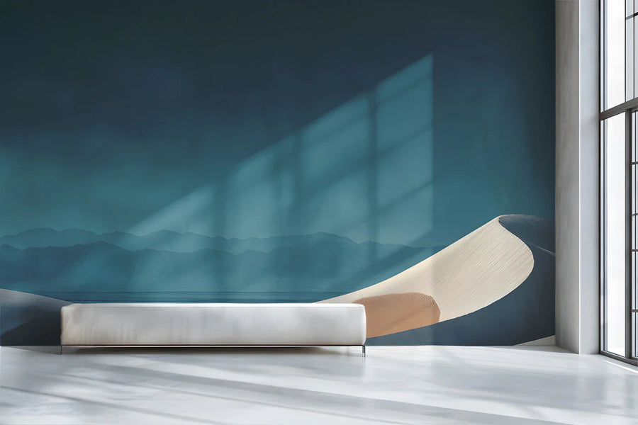 Minimalist Sand Dune Horizon Mural Wallpaper — Teal and White Mural Wallpaper