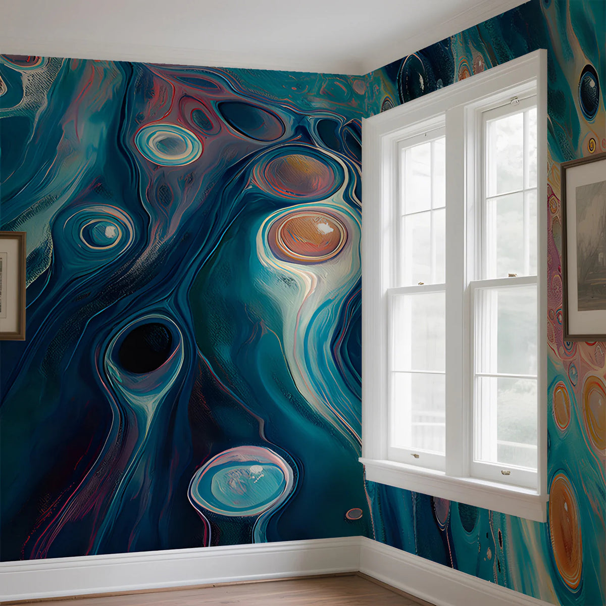 Fluid Motion Mural Wallpaper in Sapphire and Amber Abstract Mural Wallpaper - pure wallpaper artwork