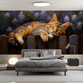 Sleeping Tabby Cat Floral Mural Wallpaper —Oil Painting Style Mural Wallpaper - pure wallpaper artwork