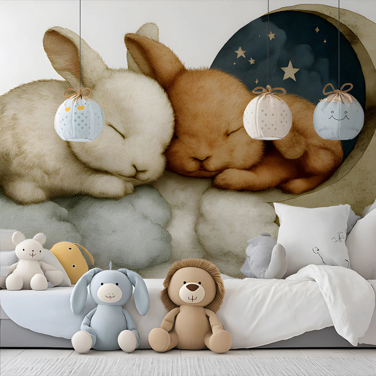 Sleeping Bunnies on Moon Mural Wallpaper —Soft Whimsical Illustration Mural Wallpaper - pure wallpaper artwork
