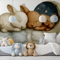Sleeping Bunnies on Moon Mural Wallpaper —Soft Whimsical Illustration Mural Wallpaper - pure wallpaper artwork