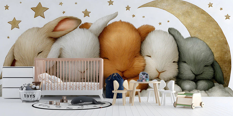 Sleeping Bunnies Mural Wallpaper — Whimsical Nursery Wall Decor Mural Wallpaper