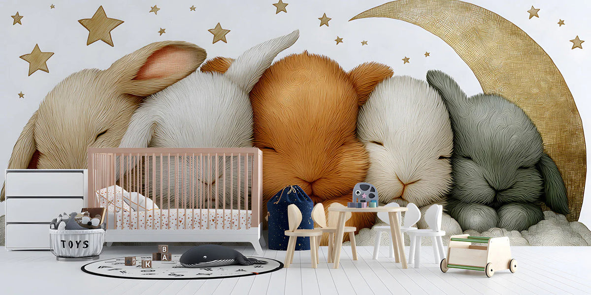 Sleeping Bunnies Mural Wallpaper — Whimsical Nursery Wall Decor Mural Wallpaper - pure wallpaper artwork