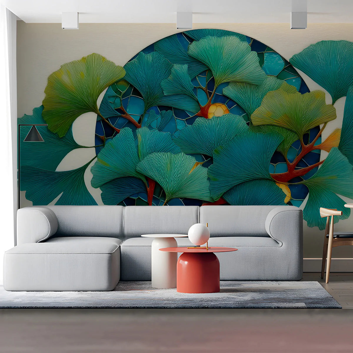 Ginkgo Mosaic Mural Wallpaper — Aquatic Blue Botanical Art Mural Wallpaper - pure wallpaper artwork