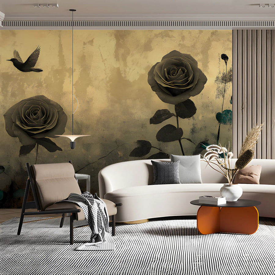 Vintage Rose and Bird Mural Wallpaper in Sepia Tones Mural Wallpaper