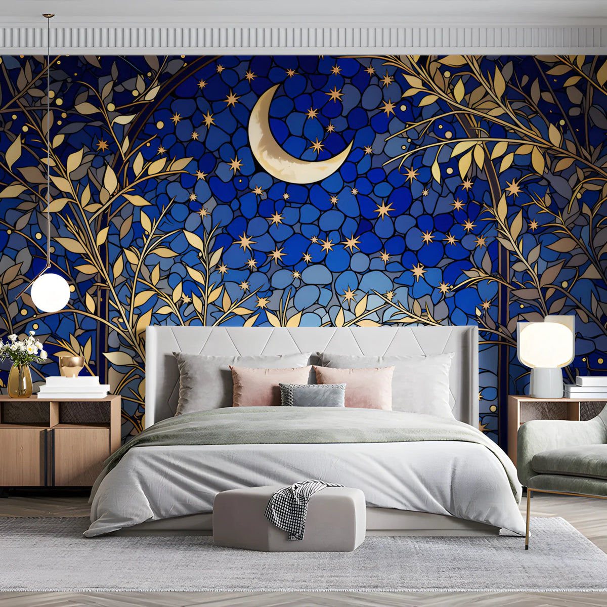 Celestial Stained Glass Mural Wallpaper — Midnight Botanical Mural Wallpaper - pure wallpaper artwork