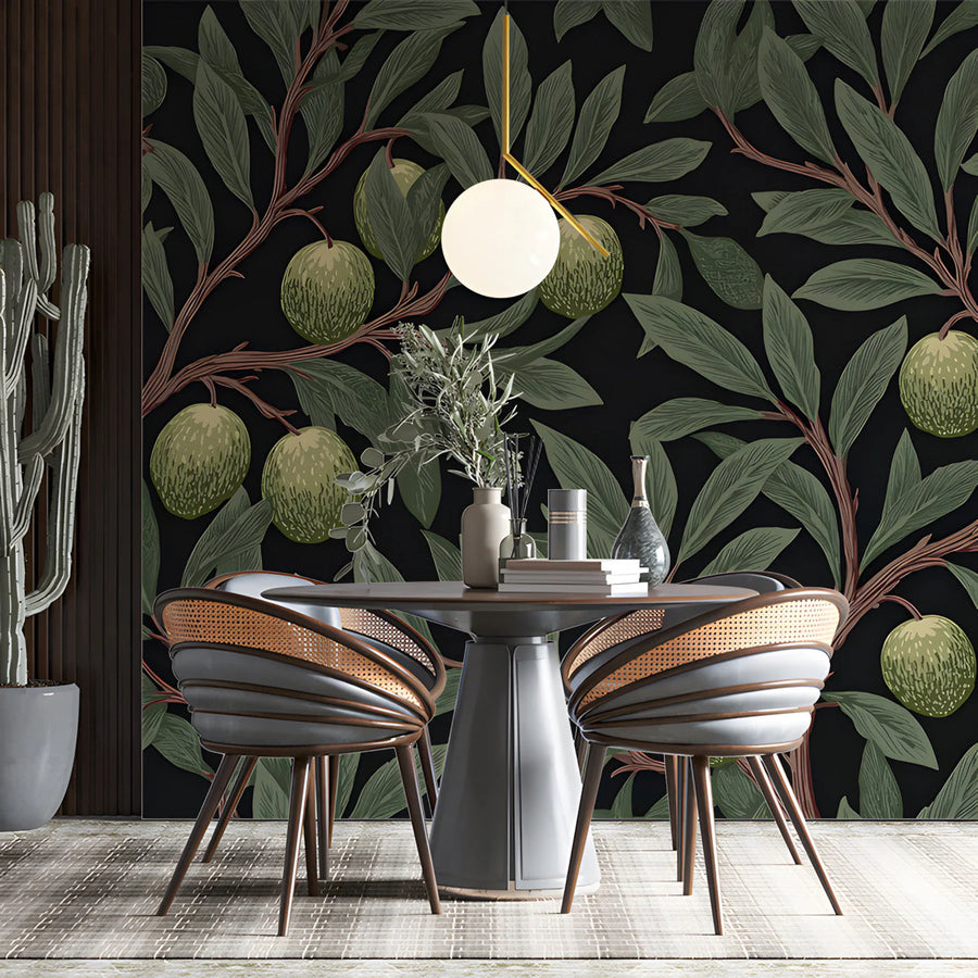 Olive Grove Botanical Mural Wallpaper — Dark Arts & Crafts Style Mural Wallpaper