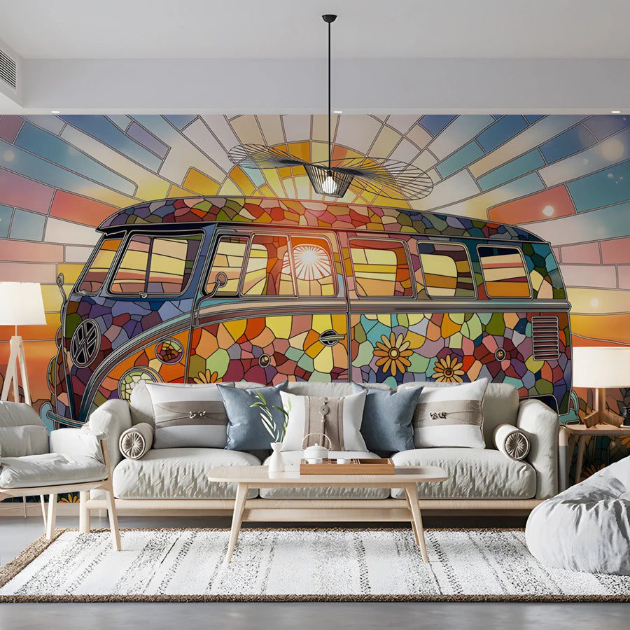 Stained Glass Vintage Van Mural Wallpaper — Vibrant Retro Style Mural Wallpaper