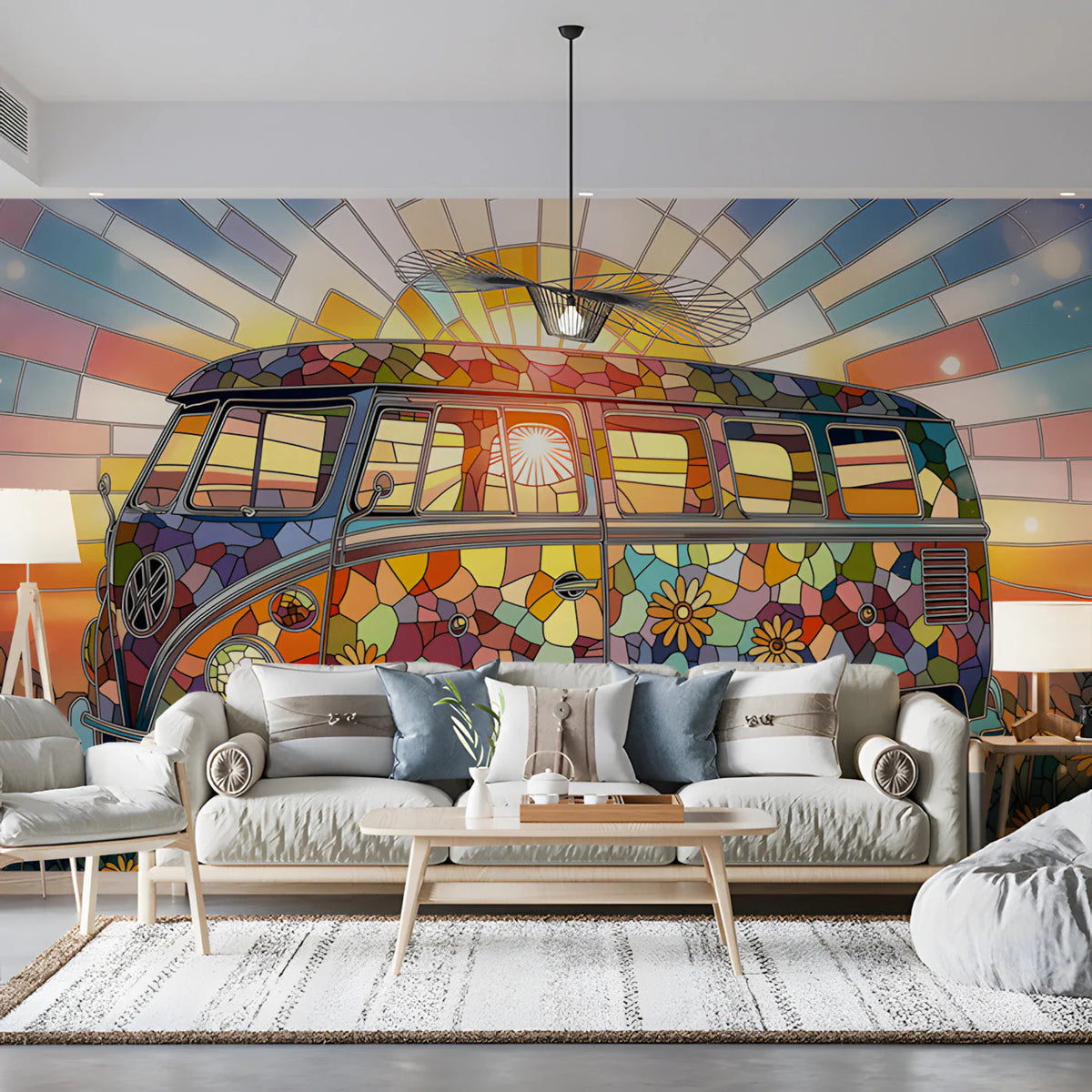 Stained Glass Vintage Van Mural Wallpaper — Vibrant Retro Style Mural Wallpaper - pure wallpaper artwork
