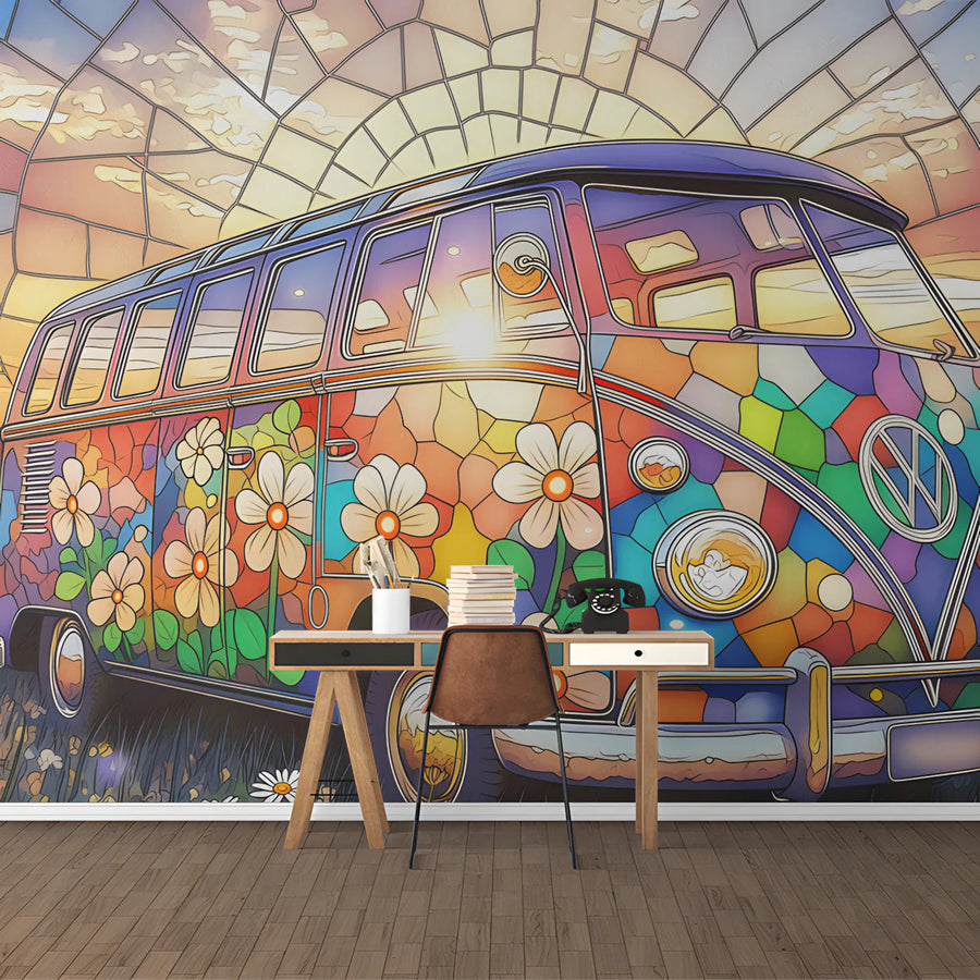 Stained Glass Retro Van Mural Wallpaper — Vibrant Floral Design Mural Wallpaper