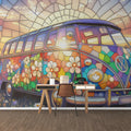 Stained Glass Retro Van Mural Wallpaper — Vibrant Floral Design Mural Wallpaper - pure wallpaper artwork