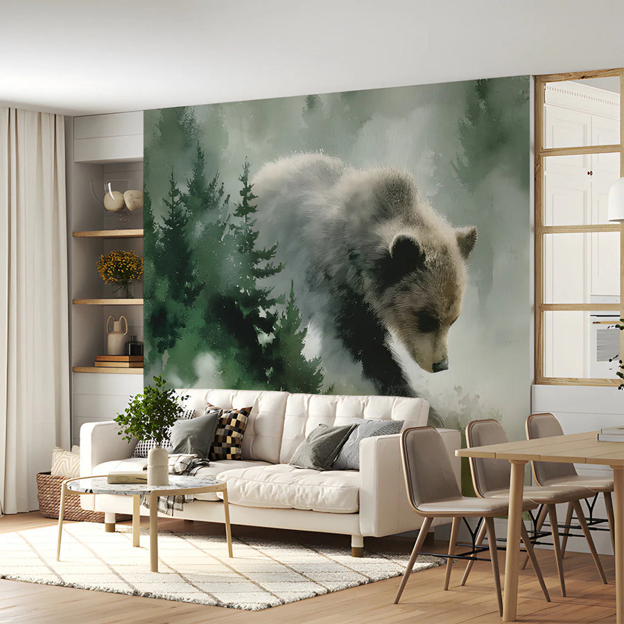 Mist-Covered Grizzly Bear Mural Wallpaper — Artistic Forest Design Mural Wallpaper