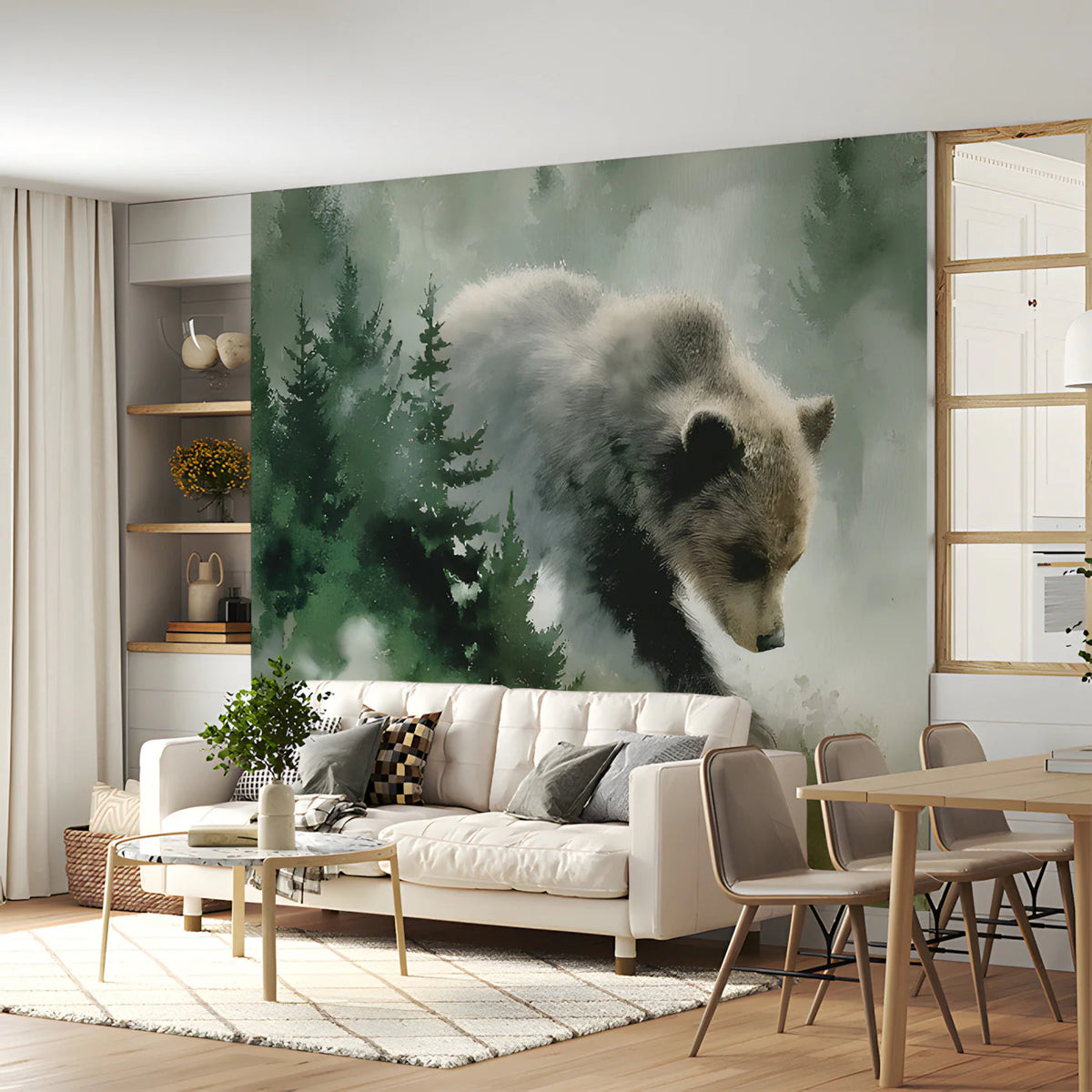 Mist-Covered Grizzly Bear Mural Wallpaper — Artistic Forest Design Mural Wallpaper - pure wallpaper artwork