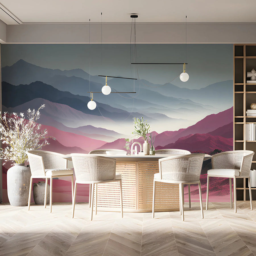 Mist-Covered Mountains Mural Wallpaper in Dusty Rose and Slate Mural Wallpaper