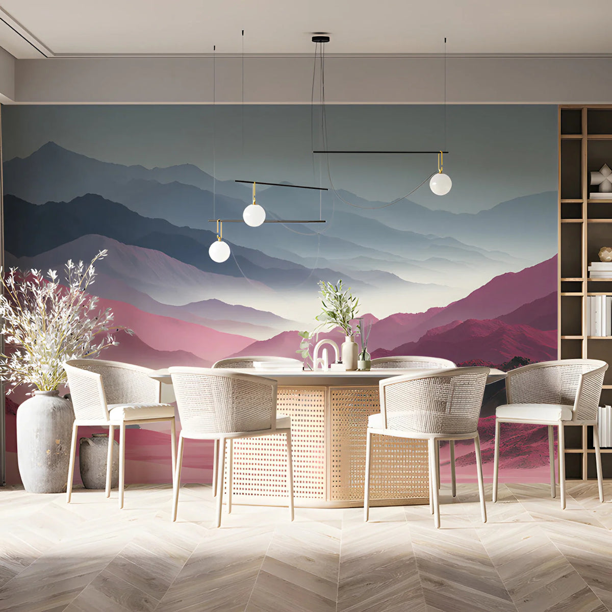 Mist-Covered Mountains Mural Wallpaper in Dusty Rose and Slate Mural Wallpaper - pure wallpaper artwork