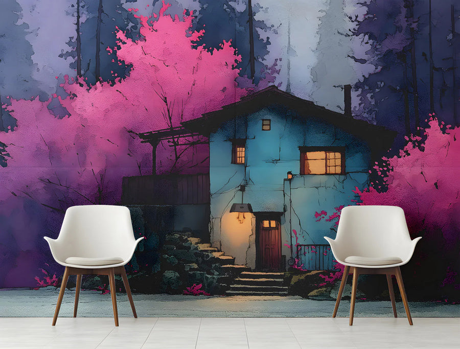 Cabin in the Woods Mural Wallpaper — Whimsical Forest Scene Mural Wallpaper