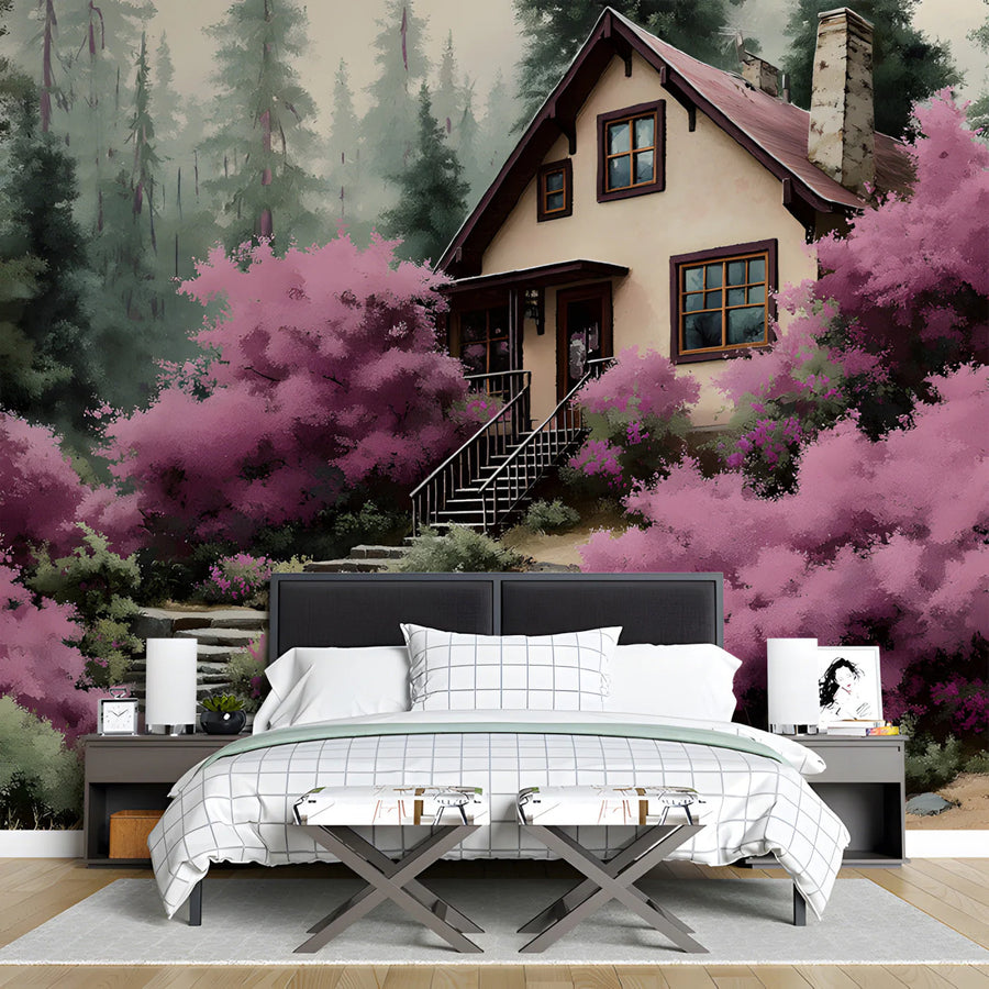 Cottage in Springtime Forest Mural Wallpaper — Impressionistic Scene Mural Wallpaper