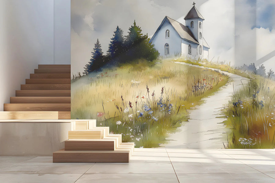 Watercolor Church Hillside Mural Wallpaper — Serene Landscape Mural Wallpaper