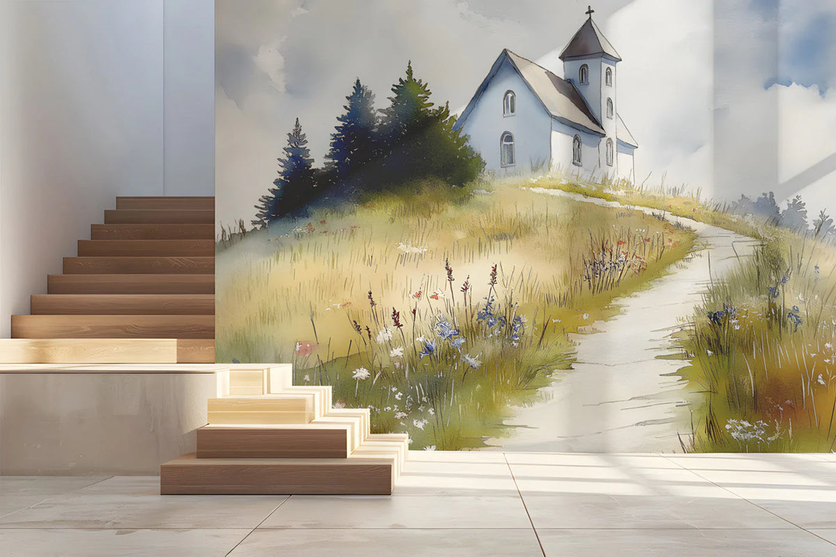 Watercolor Church Hillside Mural Wallpaper — Serene Landscape Mural Wallpaper - pure wallpaper artwork