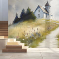 Watercolor Church Hillside Mural Wallpaper — Serene Landscape Mural Wallpaper - pure wallpaper artwork
