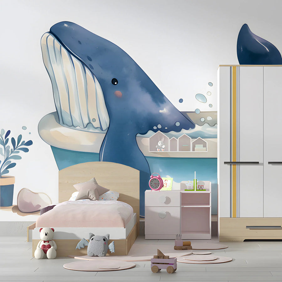 Whale in a Bathtub Mural Wallpaper — Whimsical Marine Illustration Mural Wallpaper