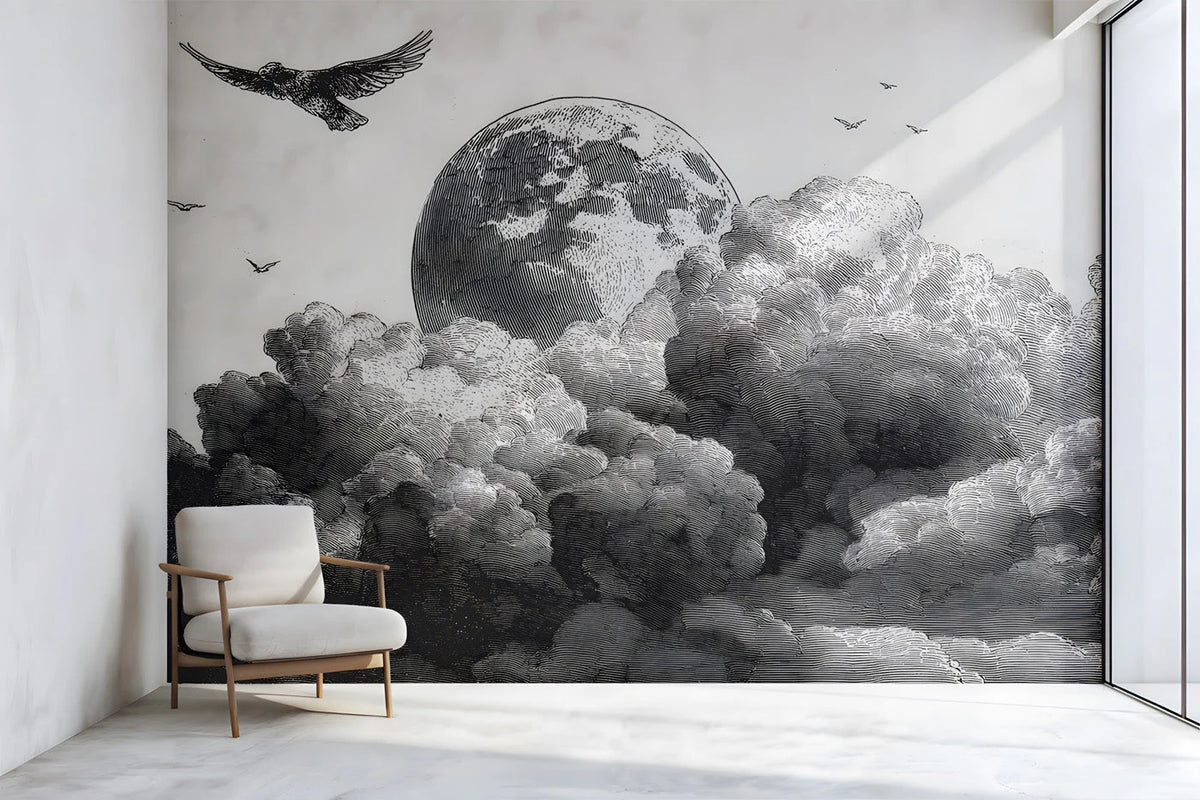 Lunar Clouds Etching Mural Wallpaper — Black and White Art Mural Wallpaper - pure wallpaper artwork