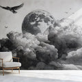 Lunar Clouds Etching Mural Wallpaper — Black and White Art Mural Wallpaper - pure wallpaper artwork