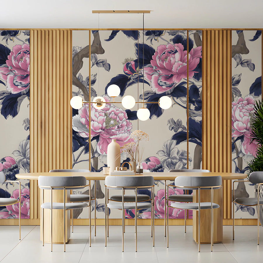 Vintage Peony Garden Mural Wallpaper in Pink and Navy Mural Wallpaper