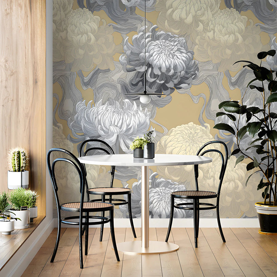 Chrysanthemum Bloom Mural Wallpaper in Ochre and Charcoal Mural Wallpaper