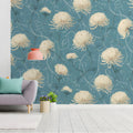 Vintage Chrysanthemum Floral Mural Wallpaper — Dusty Blue and Cream Mural Wallpaper - pure wallpaper artwork