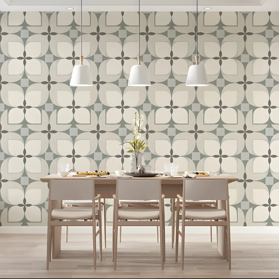 Geometric Petal Mural Wallpaper in Sage and Cream Mural Wallpaper