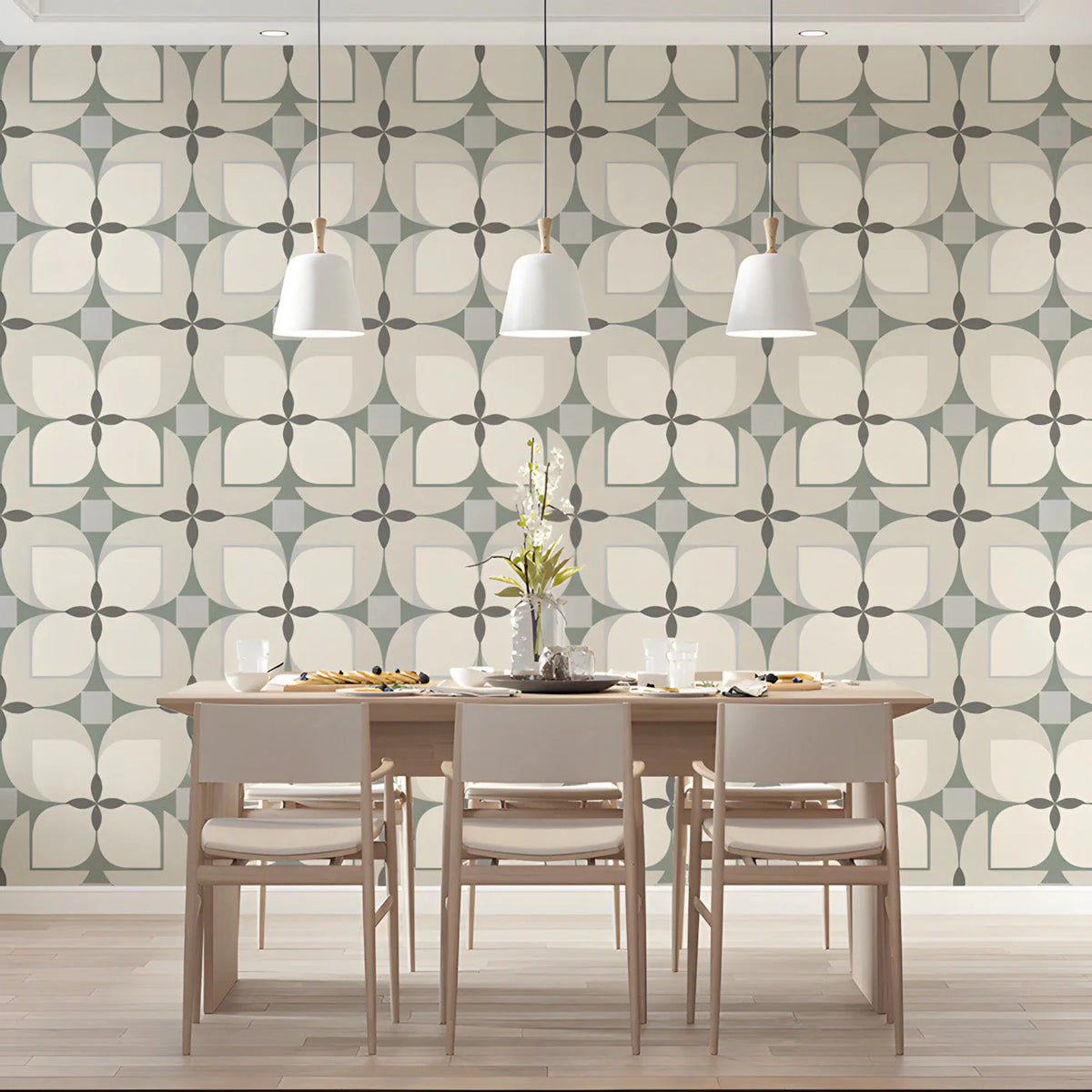 Geometric Petal Mural Wallpaper in Sage and Cream Mural Wallpaper - pure wallpaper artwork