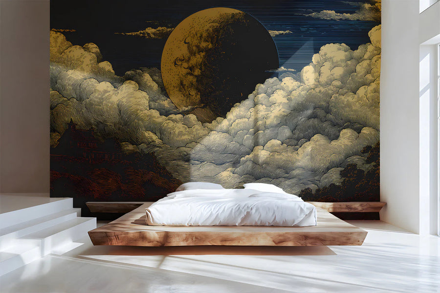 Midnight Celestial Landscape Mural Wallpaper — Engraved Art Style Mural Wallpaper