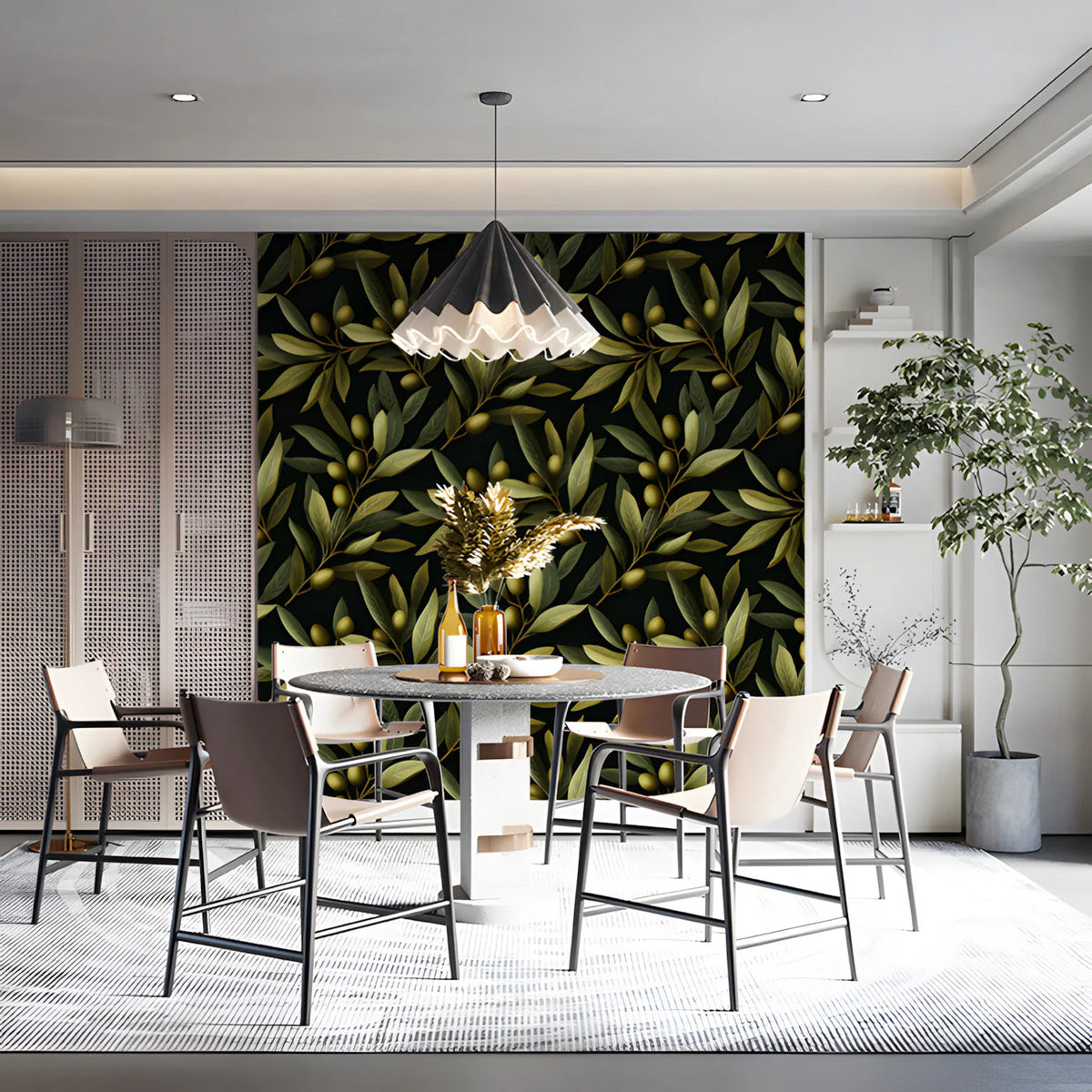Mediterranean Olive Branch Mural Wallpaper in Deep Black Mural Wallpaper - pure wallpaper artwork