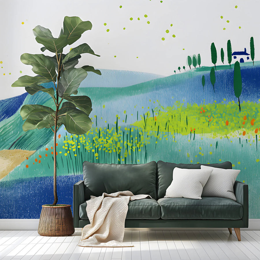 Mediterranean Coastal Landscape Mural Wallpaper — Whimsical Art Mural Wallpaper