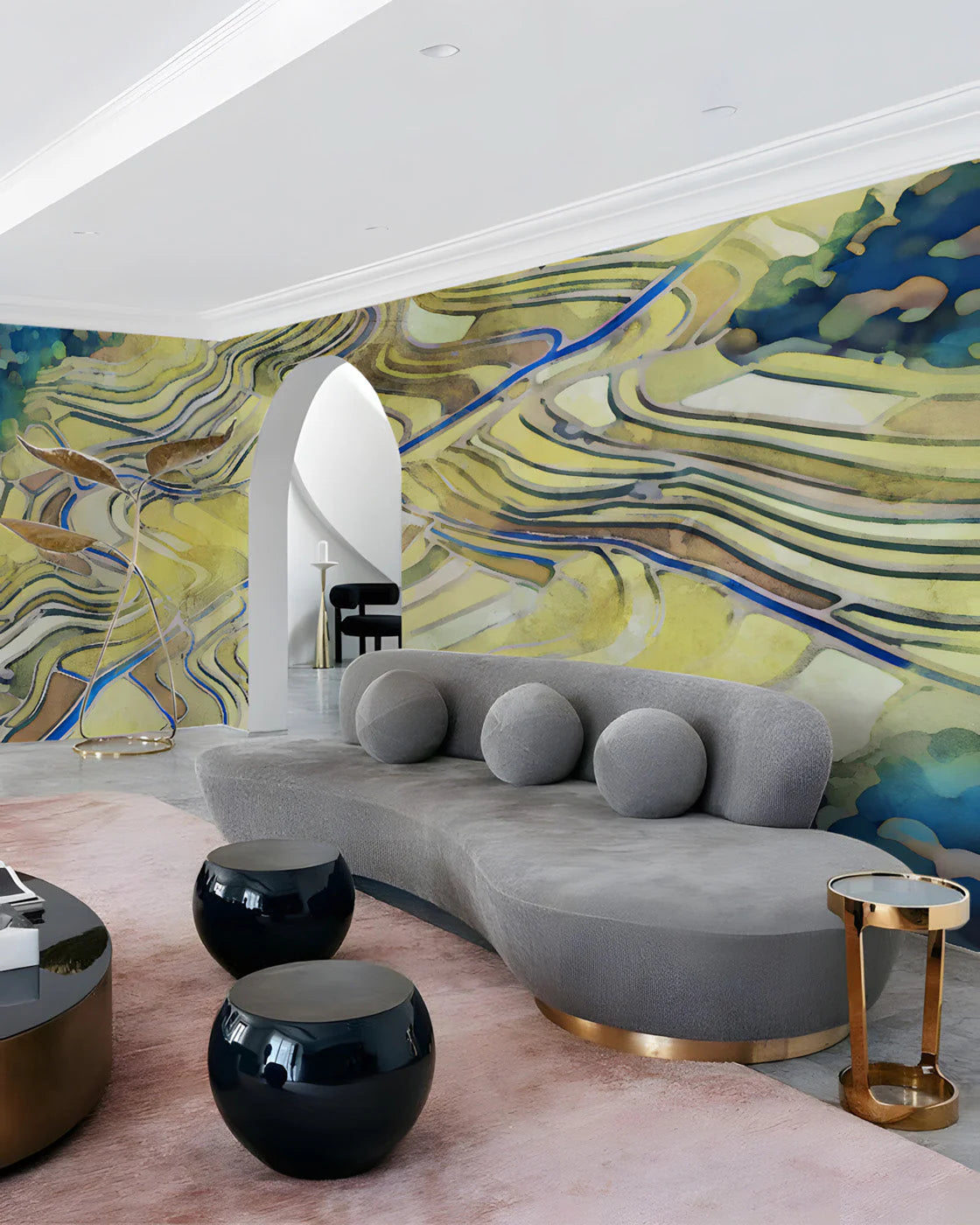 Terraced Fields Landscape Mural Wallpaper in Ochre and Cobalt Mural Wallpaper - pure wallpaper artwork