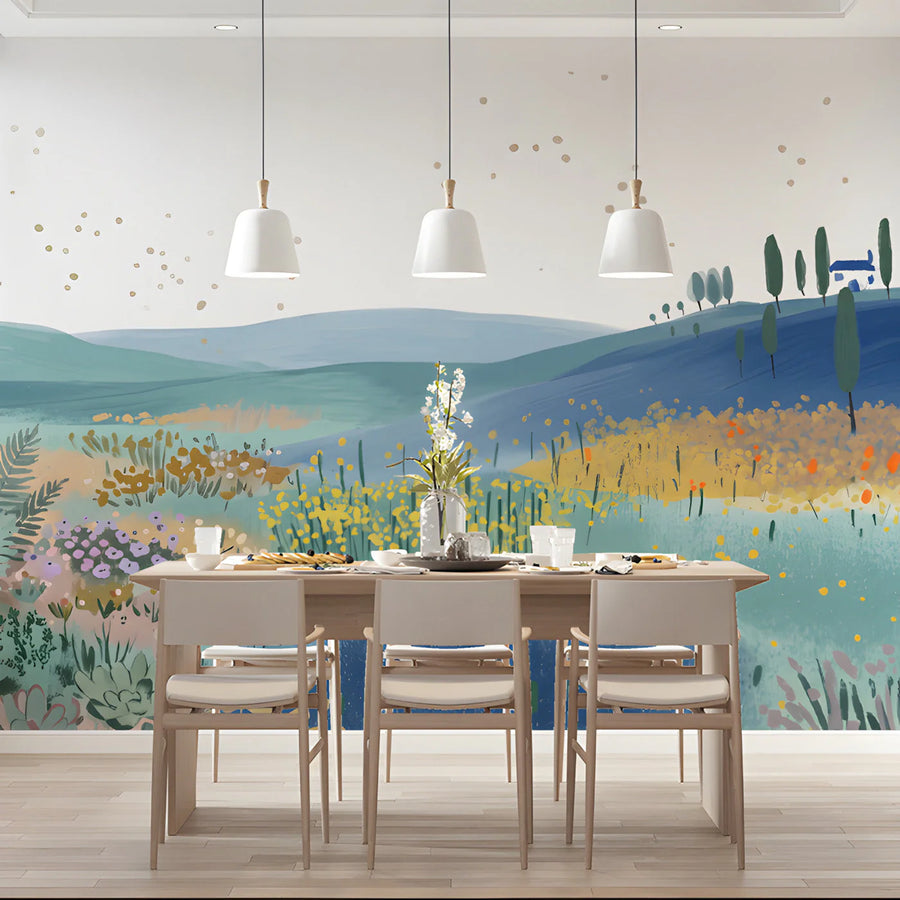 Meadow Horizon Mural Wallpaper — Artistic Painted Landscape Mural Wallpaper