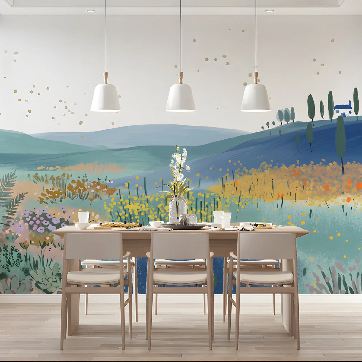 Meadow Horizon Mural Wallpaper — Artistic Painted Landscape Mural Wallpaper - pure wallpaper artwork