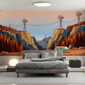 Coastal Windmill Valley Mural Wallpaper — Retro Travel Illustration Mural Wallpaper - pure wallpaper artwork