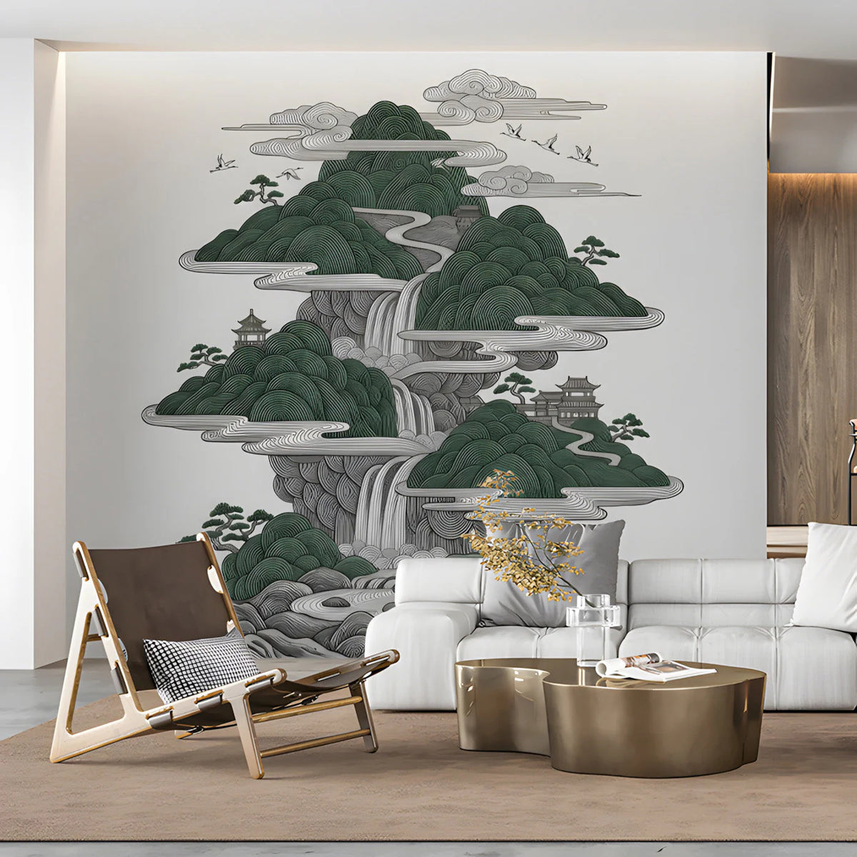 Oriental Mountain Landscape Mural Wallpaper in Emerald Green Mural Wallpaper - pure wallpaper artwork
