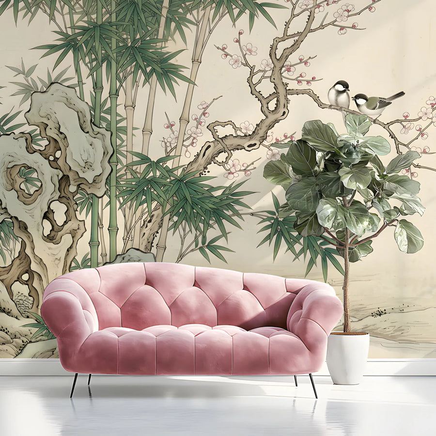 Oriental Garden Bamboo & Bird Mural Wallpaper — Artistic Ink Style Mural Wallpaper