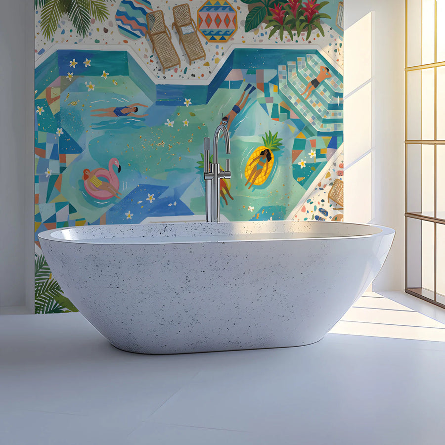 Ocean Club Pool Party Mural Wallpaper — Whimsical Summer Scene Mural Wallpaper