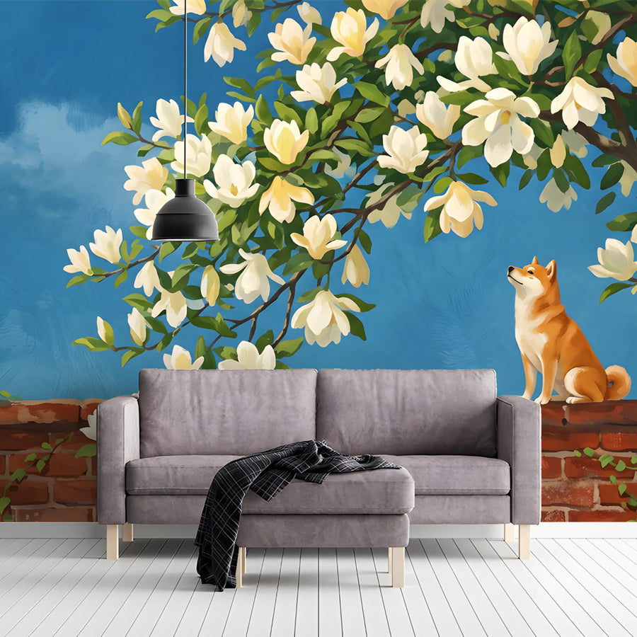 Shiba Inu and Magnolia Blossom Mural Wallpaper