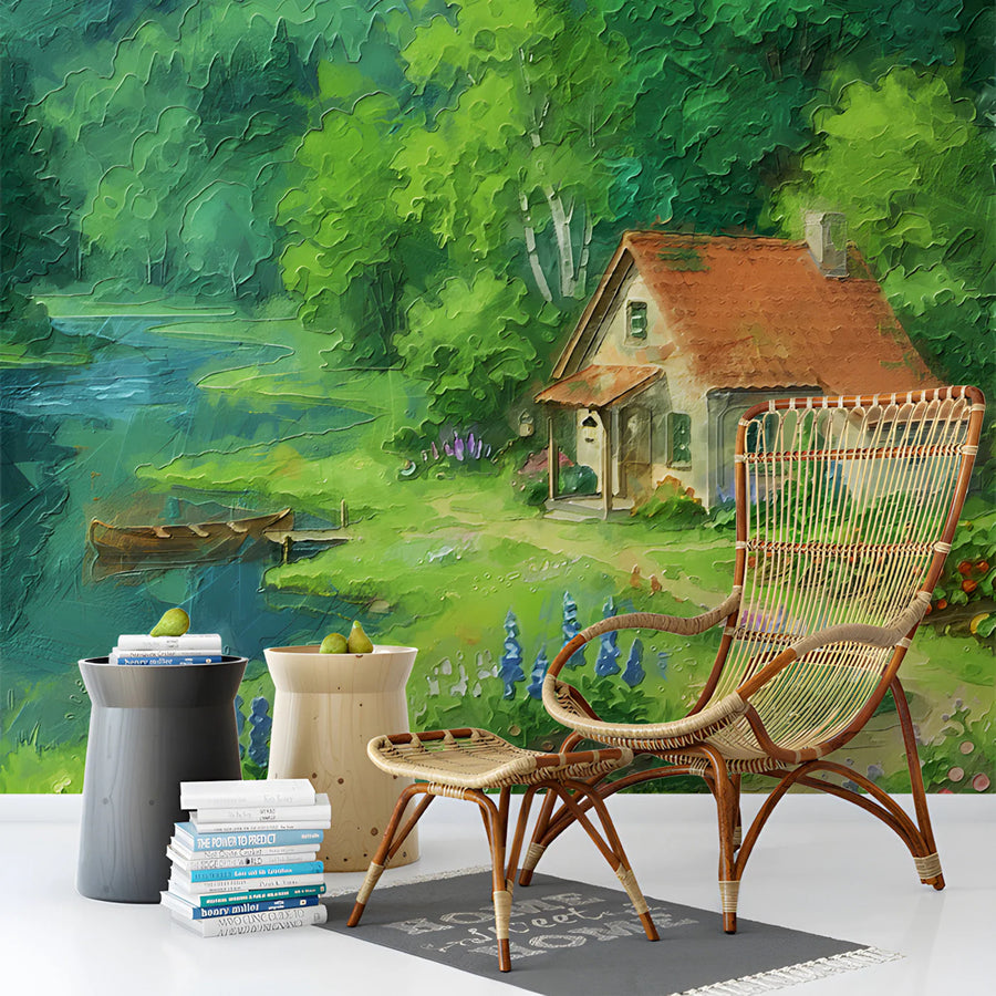 Cottage by the Lake Impressionist Landscape Mural Wallpaper
