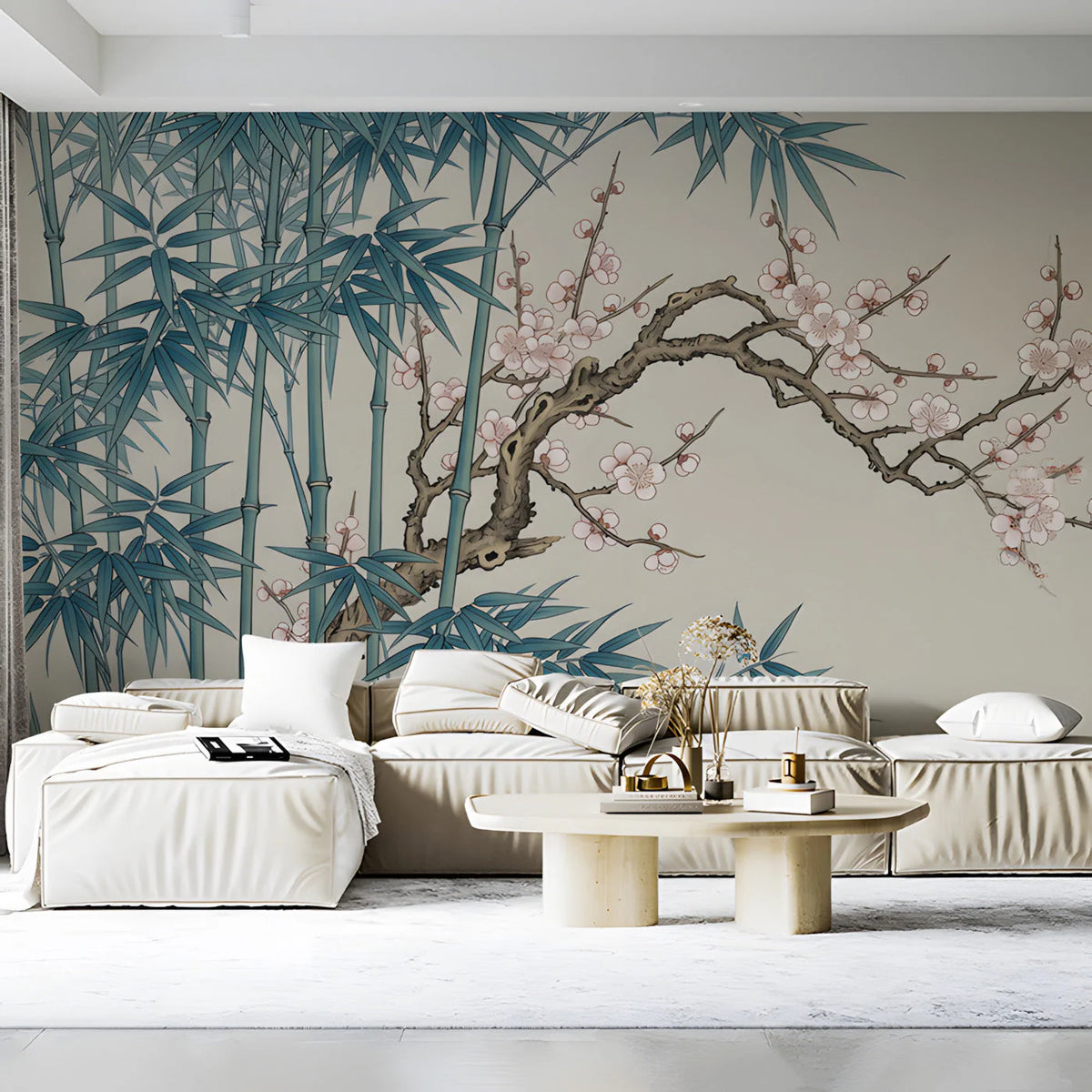 Chinoiserie Bamboo and Plum Blossom Mural Wallpaper - pure wallpaper artwork