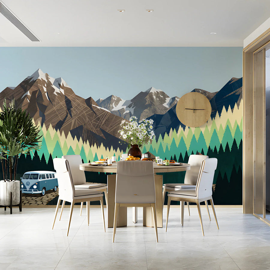Vintage Mountain Road Mural Wallpaper — Scenic Alpine Adventure Mural Wallpaper
