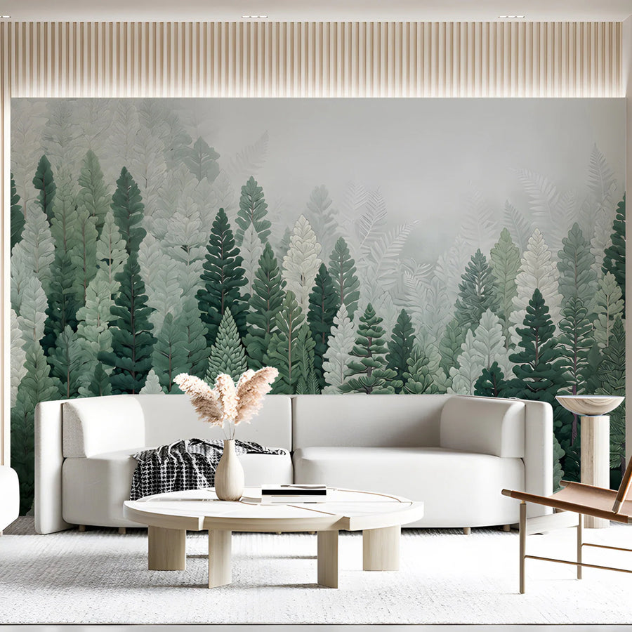 Mist-Covered Pine Forest Mural Wallpaper in Sage and Deep Green Mural Wallpaper