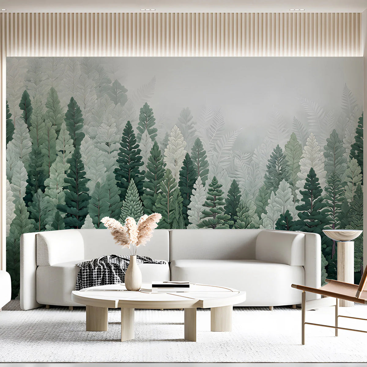 Mist-Covered Pine Forest Mural Wallpaper in Sage and Deep Green Mural Wallpaper - pure wallpaper artwork