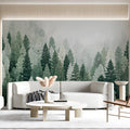 Mist-Covered Pine Forest Mural Wallpaper in Sage and Deep Green Mural Wallpaper - pure wallpaper artwork